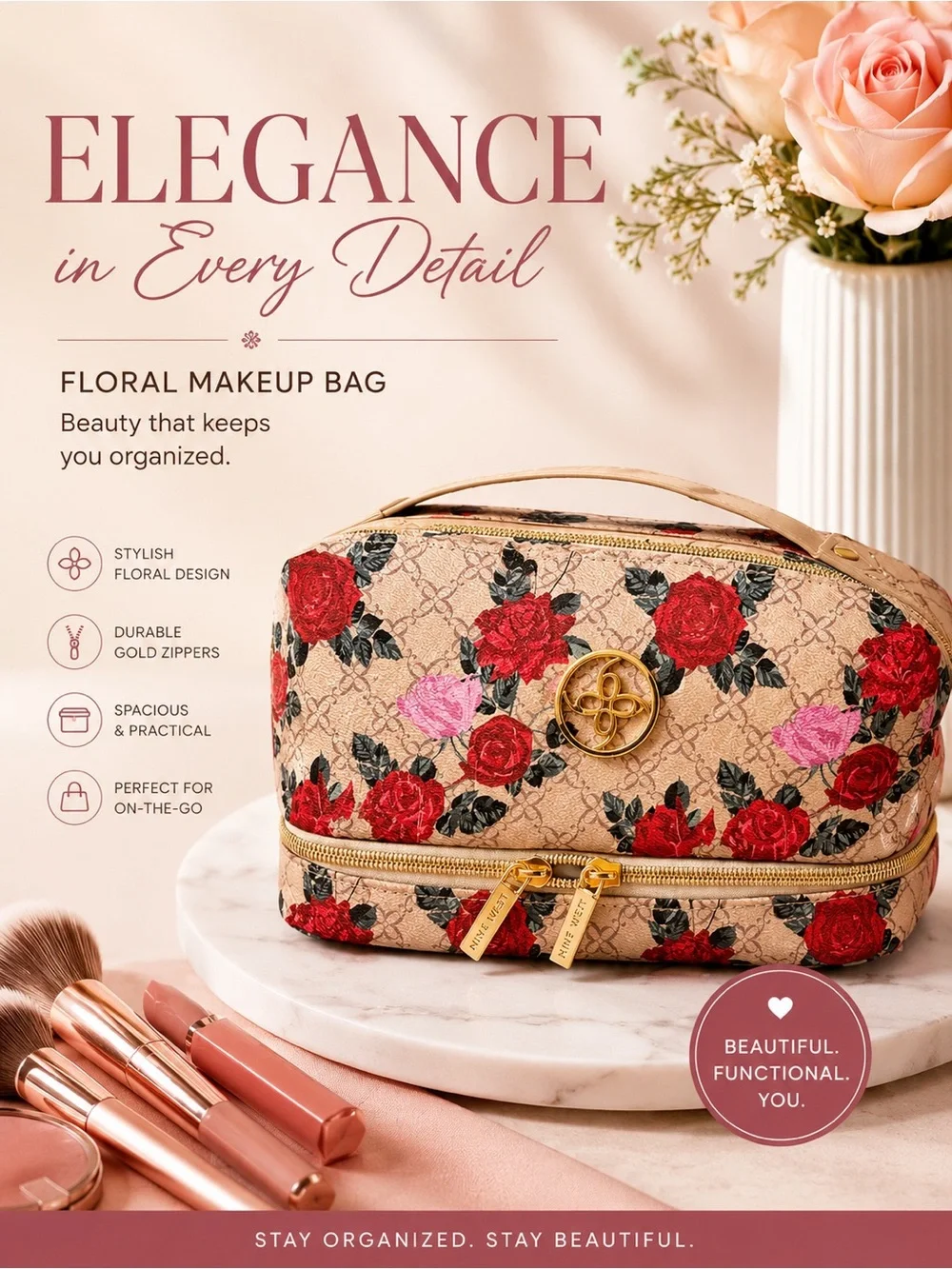 Nine West Beige Floral Cosmetic Case with Red and Pink Roses and Gold Hardware